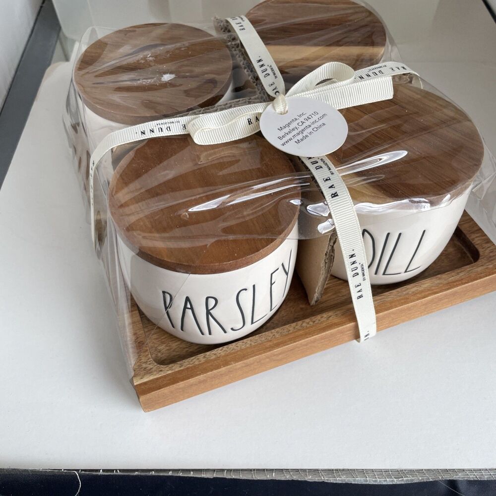Rae Dunn Spice Jars Set Of Four w/ Wooden Lids THYME PARSLEY DILL BASIL